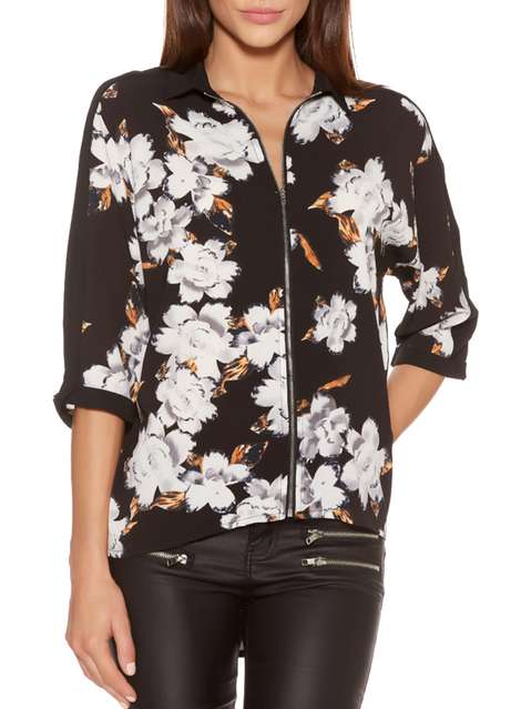 **Quiz Black Crepe Floral Print Zip Shirt